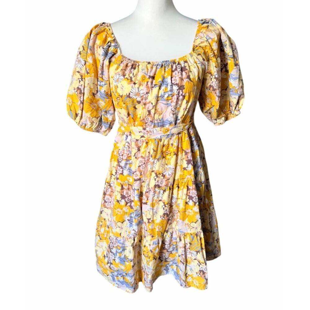 Yellow Floral Puff-Sleeve Fit & Flare Dress Sim & Sam